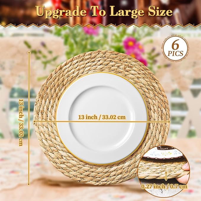 Defined Deco Woven Placemats Set of 6,13" Round Rattan Placemats,Natural Hand-Woven Water Hyacinth Placemats,Farmhouse Weave Place Mats,Rustic Braided Wicker Table Mats for Dining Table,Home,Wedding.-Ruum Studio Home