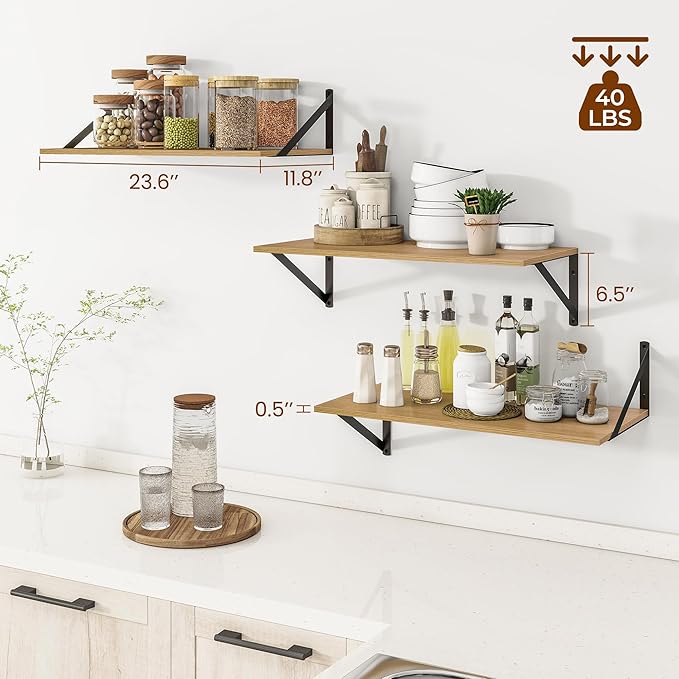Heimlove 24" W x 12" D Wall Shelves for Books, 12 Inch Deep Floating Shelves Set of 3, Wide Floating Bookshelf with Metal Bracket for Living Room, Kitchen, Office, Bedroom and Decor Storage - Oak-Ruum Studio Home