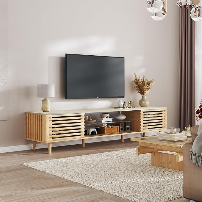 70" Mid Century Modern TV Stand for 55/65/75 Inch TV, Faux Marble Top Entertainment Center with Slatied Sliding Door & LED Lights, Low TV Console with Glass Shelves for Bedroom, Living Room-Ruum Studio Home