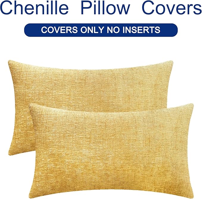 CaliTime Throw Pillow Covers Decorative 12 X 20 Inches Pack of 2 Cozy Chenille Cushion Cases for Couch Sofa Bed Living Room Home Gold-Ruum Studio Home