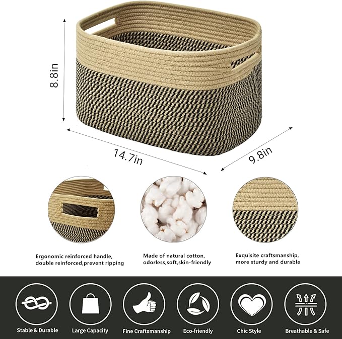 Storage Basket,Woven Baskets for Storage,Cotton Rope Baskets for Organizing,book,towel Basket,Toy Basket or Storage Bins - 3 Pack,Black and Brown-Ruum Studio Home
