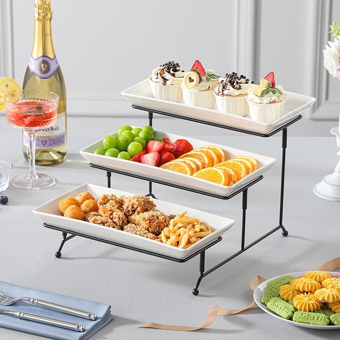 MALACASA 3 Tier Serving Trays for Party, Porcelain Serving Platters and Trays, 12 Inch Tiered Tray Stand, Fruit Tray, Trays for Serving Food, White Dessert Stand with Collapsible Sturdier Metal Rack-Ruum Studio Home