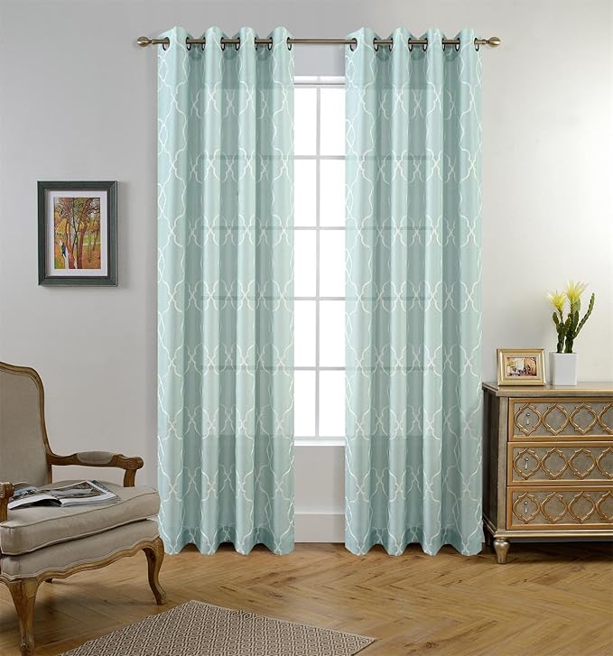 MIUCO Moroccan Embroidered Semi Sheer Curtains Linen Look Grommet Panels for Bedroom 52 x 95 Inch 2 Panels, Subtle Green-Ruum Studio Home