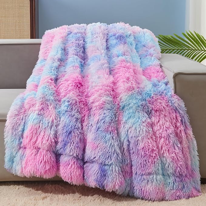 GONAAP Fuzzy Faux Fur Throw Blanket Purple Rainbow Super Soft Cozy Plush Fuzzy Shaggy Blanket for Couch Sofa Bed (Purple Rainbow, Throw(50"x60"))-Ruum Studio Home