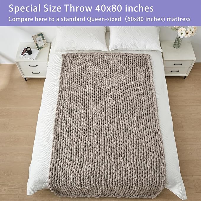 Bigacogo Chunky Knit Throw Blanket for Couch, 40x80 inches, 100% Hand Knitted with Thick Jumbo Chenille Yarn, Cozy Soft Large Rope Knot Cable Crochet Blankets for Sofa Bed Living Room, Taupe-Ruum Studio Home