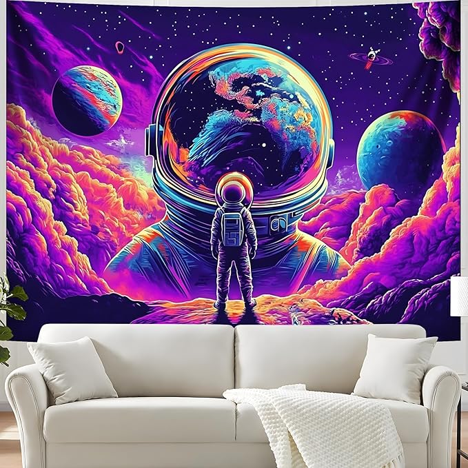 BVBOX Astronaut Space Blacklight Tapestry 79"x59", UV Reactive Astronaut Universe Planet Glow in Dark Tapestries, Black Light Neon Upright Poster Wall Hanging Backdrop Decor for Bedroom Living Room-Ruum Studio Home