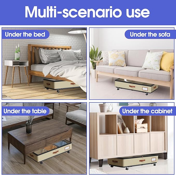 IUI Under Bed Storage with Wheels & Lid, 50L Large Capacity Underbed Storage Containers, Versatile Under The Bed Shoe Storage for Clothes, Books, Toys, 2 Pack, Ivory White-Ruum Studio Home