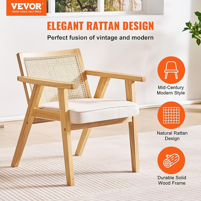 VEVOR Mid Century Modern Rattan Chair, Upholstered Velvet Accent Chair with Rattan Back, Retro Living Room Chair for Living Room, Bedroom, Reading Room, and Office, Beige-Ruum Studio Home