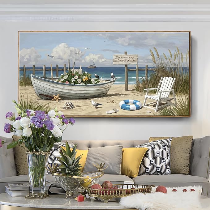amatop Giant Framed Beach Wall Art Large Nautical Seaside Canvas Print Flower Boat Ocean Horizontal Landscape Picture Sea Birds Artwork for Coastal Farmhouse Living Room Bedroom Office Decor 58×29 Inch-Ruum Studio Home