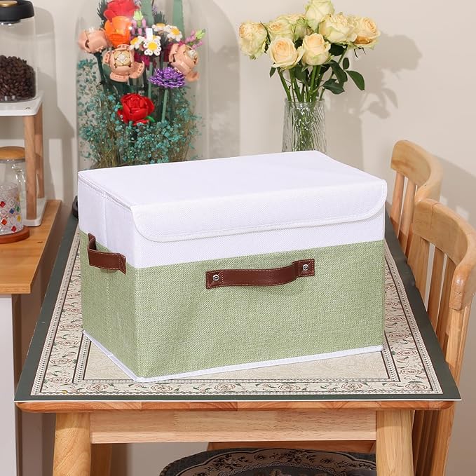 ANMINY Storage Boxes with Lids Washable Decorative Storage Bins Basket with PU Leather Handle Foldable Linen Fabric Storage Cubes Containers for Home Closet Organizer - Green White, Large Size-Ruum Studio Home