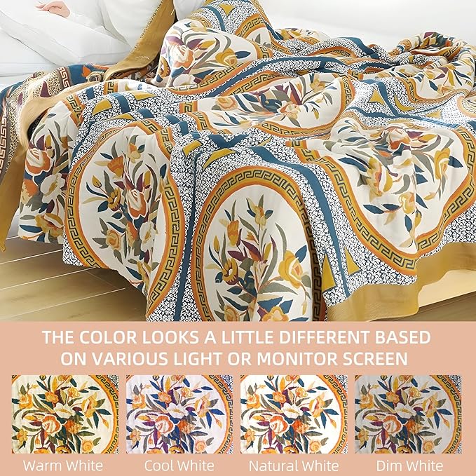 Boho Throw Blanket for Bed - 100% Pure Cotton Ultra Soft Rustic Quilt - Farmhouse Decor Bed Blankets, All Season Rustic Throw for Sofa Couch Chair(80''x 90'', Floral)-Ruum Studio Home