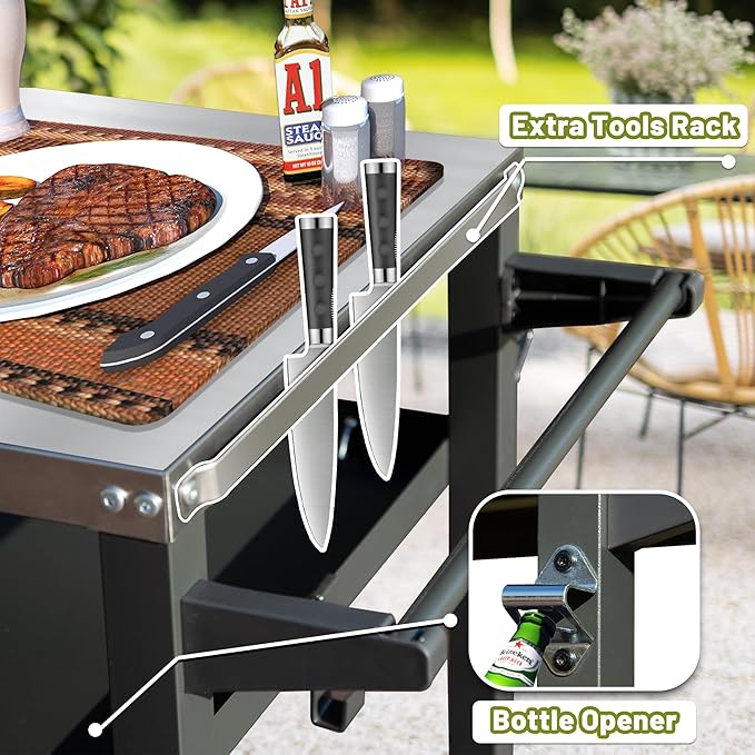 Domi 3-Shelf Outdoor Grill Table, Grill Cart Outdoor with Wheels, Pizza Oven and Food Prep Table, Blackstone with Stainless Steel Tabletop, BBQ Stand for Blackstone Griddle for Outside BBQ-Ruum Studio Home