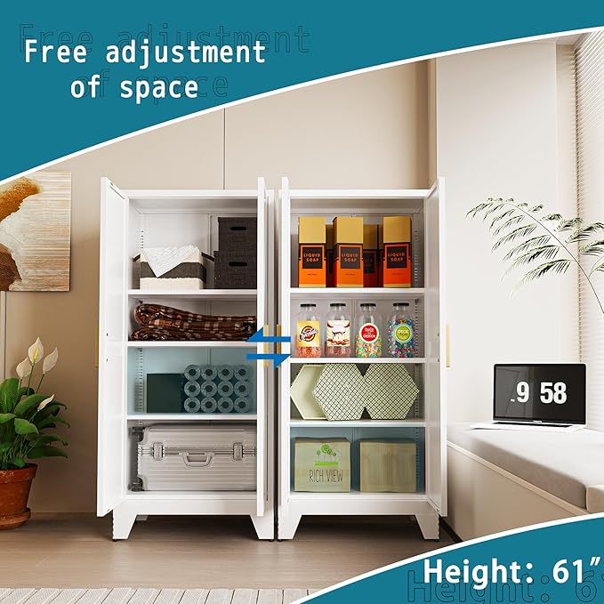 61" Tall Farmhouse Metal Pantry Cabinet, Kitchen Pantry Storage Cabinets with 2 Barn Door and Adjustable Shelves,Metal Pantry Storage Cabinet,for Kitchen,Laundry Room,Home Office,Kids Room (White)-Ruum Studio Home