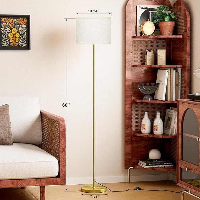 Ambimall 60'' Modern Floor Lamp with Shade, Tall Lamps for Living Room, Bedroom, Office, Dining Room, Beige Shade with Brushed Gold Pole(Without Bulb)-Ruum Studio Home