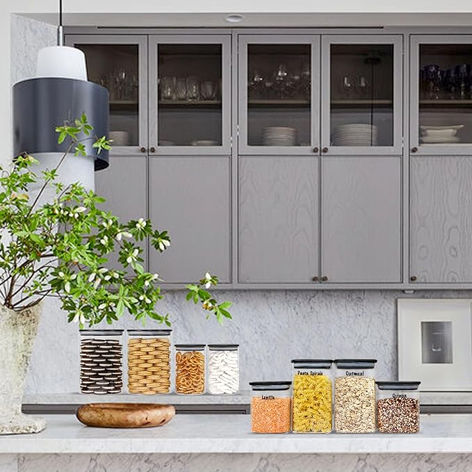 Urban Green Glass Jars with Black Bamboo Lids, food storage sets with airtight black lids, Glass Canisters Sets, Kitchen Organizing Jars (5 Sets of 27oz, 38oz, 66oz)-Ruum Studio Home