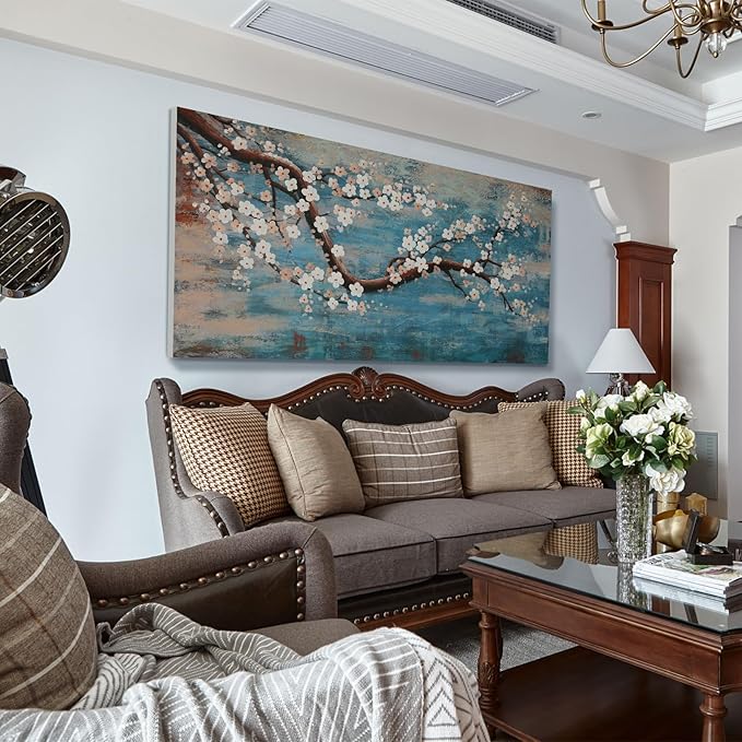 Large Canvas Wall Art for Living Room- 100% Hand-Painted Oil Painting with Texture, Extra Large Gallery Wrapped Floral Plum Blossom Tree Artwork Blue Teal Lake Wall Picture for Bedroom, Office Decor-Ruum Studio Home