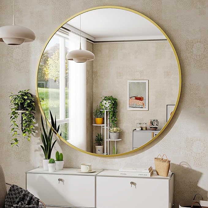BEAUTYPEAK 24 Inch Round Mirror, Metal Frame Circle Mirror, Wall Mounted for Entryway, Bathroom, Vanity, Living Room, Gold-Ruum Studio Home
