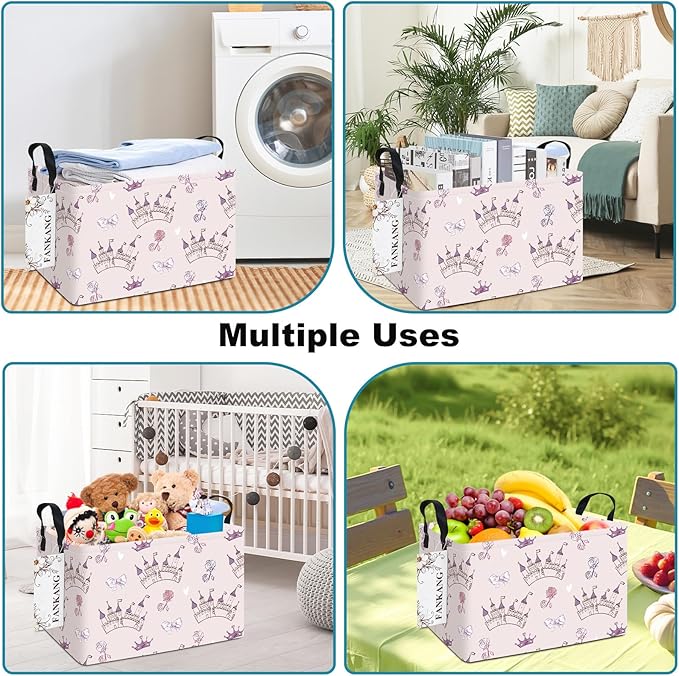 FANKANG Storage Bins, Nursery Hamper Canvas Laundry Basket Foldable with Waterproof PE Coating Large Storage Baskets for Kids Boys and Girls, Office, Bedroom, Clothes,Toys(Rec-Princess Castle-Ruum Studio Home