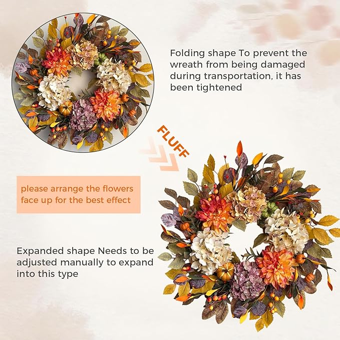 24Inch Fall Wreaths for Front Door,Fall Wreath with Beige Hydrangea,Orange Dahlia Artificial Flowers,Pumpkins,Autumn Wreaths for Harvest Thanksgiving Halloween Indoor Outdoor Home Decor-Ruum Studio Home
