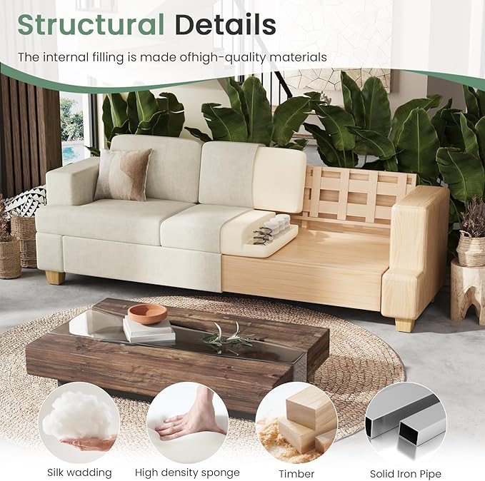 Sofa, 2 Piece Set Comfy Couch, 3 Seater & Loveseat Sofa with Deep Seats, Modern Sleeper Couch for Living Room, Beige Chenille-Ruum Studio Home