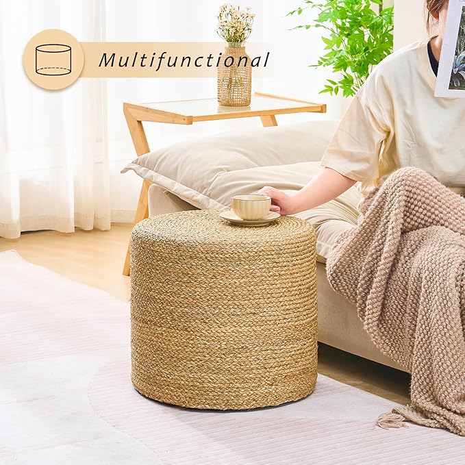 Handwoven Ottoman Pouf, Natural Seagrass Footstool, Round Braided Outdoor Seat with Sturdy Frame, Boho Accent Stool for Patio, Balcony, or Garden (Seagrass)-Ruum Studio Home