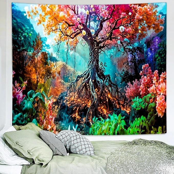 Delur Forest Tapestry Tree of Life Fantasy Tropical Rainforest Tapestry Wall Hanging Colorful Nature Mystical Landscape Psychedelic Spiritual Headboard for Bedroom Living Room Home Decor (70.8" x 92.5")-Ruum Studio Home