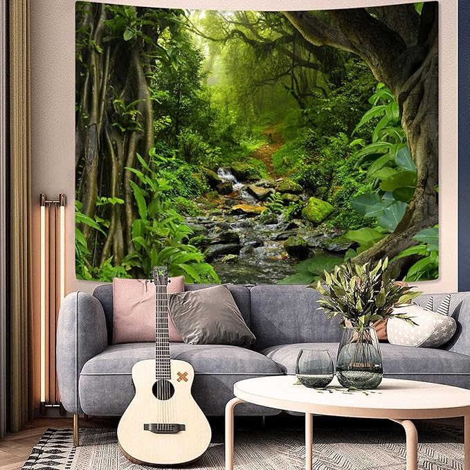 AMM Green Rainforest Tapestry Nature Forest Tapestry for Bedroom Aesthetic Misty Tropical Jungle Trees Flowing Stream Landscape Tapestries Wall Hanging for Living Room Dorm 60 x 44 Inch-Ruum Studio Home