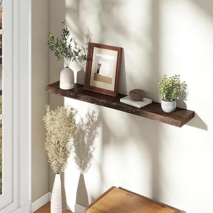 Fun Memories 48" Floating Shelves for Wall, Live Edge Solid Elm Wood Floating Shelf with Invisible Bracket, Wall Mounted Display Wooden Shelves for Bathroom, Kitchen, Bedroom, Walnut Color, Set of 1-Ruum Studio Home