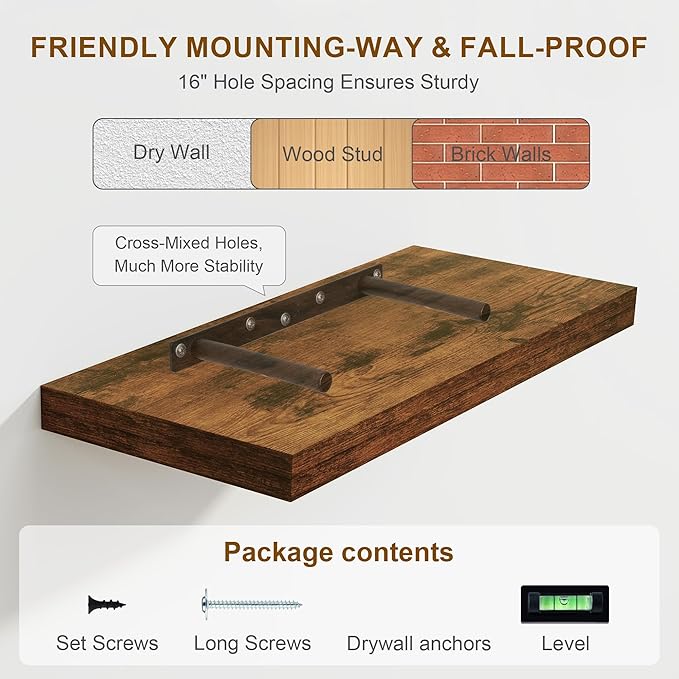 Fun Memories Floating Shelves, 8 Inch Deep Floating Shelves, Rustic Wood Fireplace Mantel 48 in Long, 48 x 8 Floating Wall Shelves for Living Room, Kitchen, Bedroom, Rustic Brown, 1 Pack-Ruum Studio Home