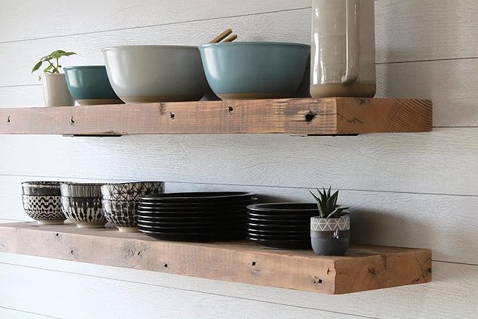 Urban Legacy Reclaimed Barn Joist Deep Floating Shelves | Deep Shelves with Low Profile Shelf Bracket with High Weight Capacity, Set of 2 (36" x 11" x 2.5", Natural)-Ruum Studio Home