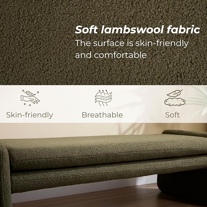 Green Boucle Bench 50" Sherpa End of Bed Bench Modern Upholstered Bench for Bedroom Entryway Living Room Vanity Makeup Room, Teddy Fabric Bench with Seating-Ruum Studio Home