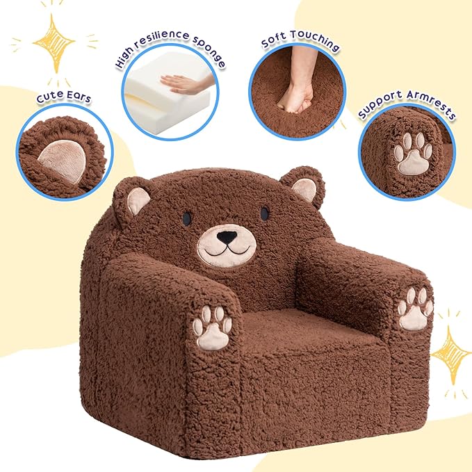 ALIMORDEN Animal Series Kid's Chair, Ultra-Soft Comfy Foam Filled Toddler Sofa Chair, Cute Animal-Shaped Design Toddler Couch, Lightweight Birthday for Boys & Girls (Brown Bear)-Ruum Studio Home