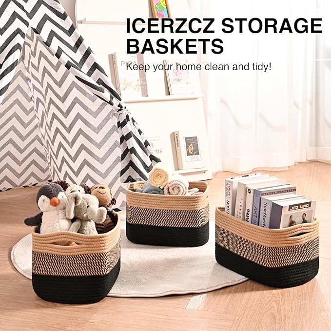 Storage Baskets for Shelves Organizing, Woven Cotton Rope Baskets for Storage, Book Basket, Towel Basket, 12.5"Lx9.1''Wx7.9''H (4 Packs) Gradient Black & Jute-Ruum Studio Home