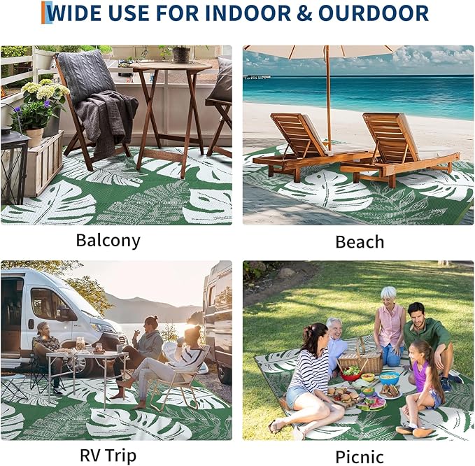 GAOMON Outdoor Rug 8x10 Patio Waterproof Reversible Plastic Straw Rug Modern Foldable Lightweight RV Camping Mat with Portable Bag & 4 Stakes, UV Resistant & Sturdy for Picnic Deck Balcony, Green-Ruum Studio Home