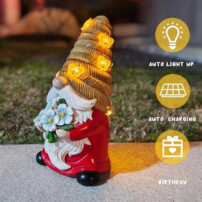 Outdoor Garden Gnomes Statue, Bee Flower Gnome Sculpture, with Solar LED Lights for Yard, Patio, Lawn Ornaments for Garden, Patio Gnome Gifts for Mom-Ruum Studio Home