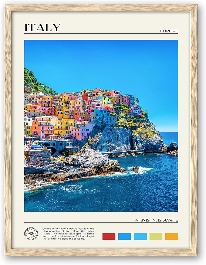 HesenDot Natural OAK Wood Framed Cinque Terre National Park Wall Art,12x16in Italian Natural Seascape Canvas Wall Print,Classic Urban Landmark Wall Decor for Living Room, Bedroom,Office Set of 1-Ruum Studio Home