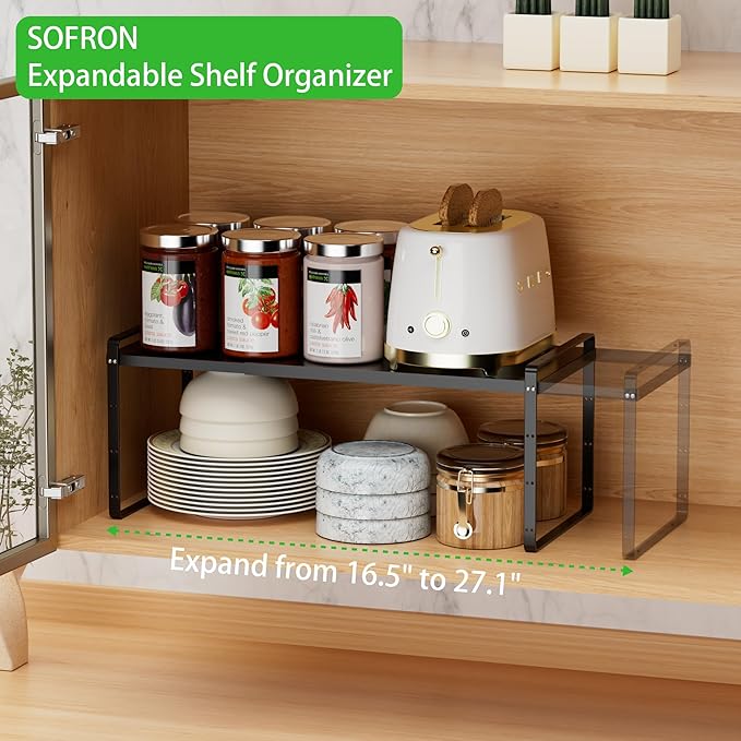 Expandable Cabinet Storage Shelf Stackable Organizer Rack for Kitchen Bathroom Pantry Spice Cupboard Countertop Home Office Desk Heavy Duty Nonslip Black Large 3 Pack-Ruum Studio Home