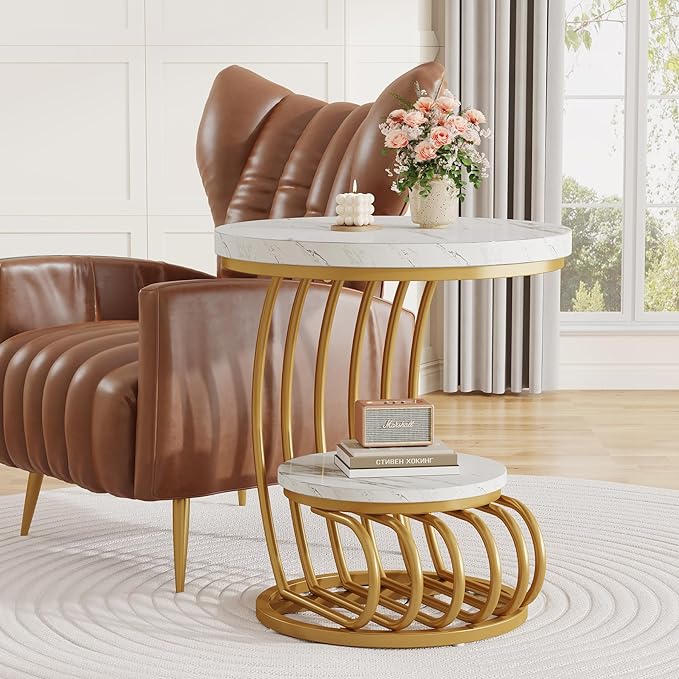 Tribesigns Gold Round End Table: 2 Tiers Faux Marble Side Table with Storage Shelf, Modern White Gold Bedside Nightstand, Metal Arc-Shaped Frame Accent Table for Living Room, Bedroom-Ruum Studio Home
