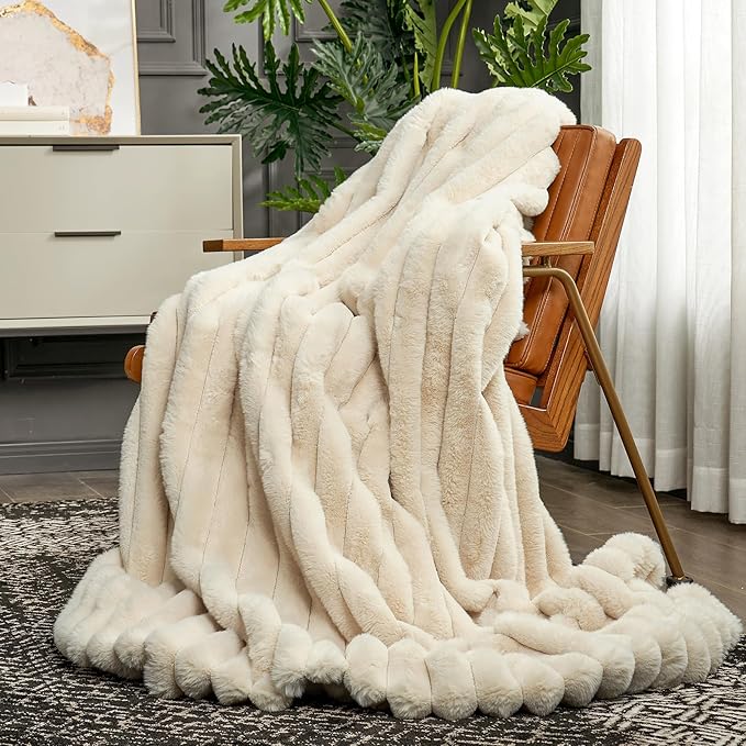 Cozy Bliss Faux Fur Throw Blanket for Couch, Cozy Warm Plush Striped Blanket for Sofa Bedroom Living Room,50 * 60 Inches Beige-Ruum Studio Home