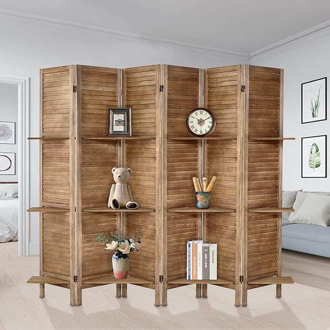 Room Divider with Shelves, Privacy Screen, Room Dividers and Folding Privacy Screens, 6 Panel Wood Temporary Wall Partition Separation Separator, Brown-Ruum Studio Home