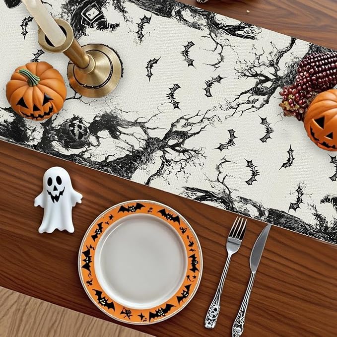 GPGHE Halloween Table Runner Black Ghost Holiday Burlap Table Decoration Indoor Outdoor Home Decor Party Supply 13 x 60 Inch-Ruum Studio Home