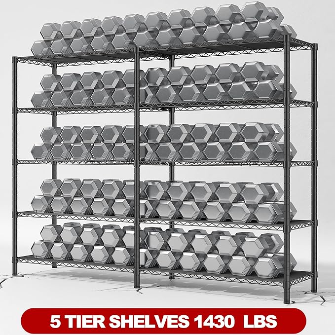 REIBII 5 Tier Wire Shelving Storage Shelves Loads 1430LBS, 58" W Metal Shelving Unit for Storage Adjustable Heavy Duty Garage Shelving Pantry Shelves Kitchen Shelving, Black, 2 Pack-Ruum Studio Home
