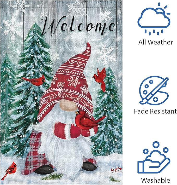 Heyfibro Welcome Christmas Garden Flag Winter Gnome Garden Flags 12x18 Double Sided Burlap Cardinals Snowflakes Snow Garden Yard Flags for Seasonal Outside Outdoor House Decoration (ONLY FLAG)-Ruum Studio Home