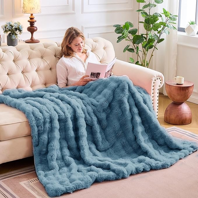 Lotus Karen Faux Fur Throw Blanket Sky Blue - Big Bubble Rabbit Fluff Blanket for Couch Bed Sofa,Softest Fluffy Fuzzy Cozy Blanket,Thick Furry Plush Shaggy Warm Blankets for Women,108x90 Inches-Ruum Studio Home