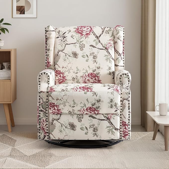 UIXE Swivel Rocker Manual Recliner Chair, Wingback Swivel Glider Fabric Nursery Reclining Sofa Chair, High Back Upholstered Arm Chair for Living Room Bedroom - Beige Floral-Ruum Studio Home