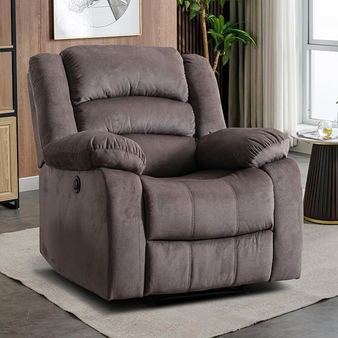 EBELLO Classic Power Recliner Chair, Oversized Electric Reclining Chair with Overstuffed Cushion and Back, Soft Fabric Adults Single Recliner Sofa for Living Room, Brown-Ruum Studio Home