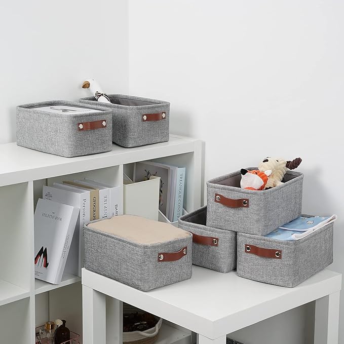 DULLEMELO Small Storage Baskets 11.8"x7.9"x5.1", Fabric Storage Bins for Shelves,Closets,Nursery,Home,Office [3 Pack], Collapsible Storage Baskets with Leather Handles (Gray)-Ruum Studio Home