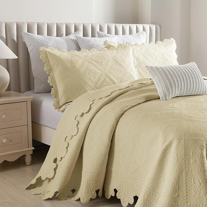 MarCielo 3-Piece 100% Cotton Oversized Bedspread Lightweight Quilt Coverlet Embroidery Farmhouse Bedding Set (Tk Beige Khaki, Oversized King (118"x106"))-Ruum Studio Home