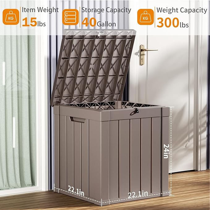 40 Gallon Resin Deck Box, Lockable Patio Outdoor Storage Box for Furniture, Garden Tools and Tools Storage, Waterproof Outside Storage Boxes - Grey-Ruum Studio Home
