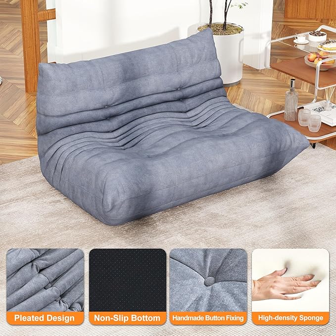 Full Foam Loveseat Sofa,Adults Bean Bag Chairs Floor Couch with Soft Waterproof Fabric,Armless Fireside Lounge Chair for Living Room,Apartment and Office (Grey)-Ruum Studio Home